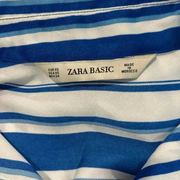 Zara Blue & White Stripe Satin Long Sleeve Classic Button-Down Shirt Size XS - Picture 5 of 5